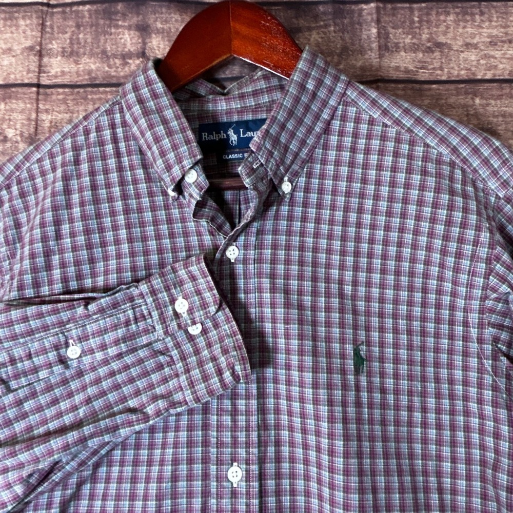 Vintage Ralph Lauren Mens Classic Fit Plaid Button Down Shirt Purple Green 16 L